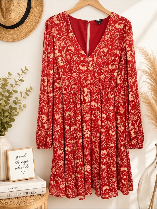 torrid Dresses & Skirts - torrid Red Floral V-Neck Long Sleeve Mini Dress